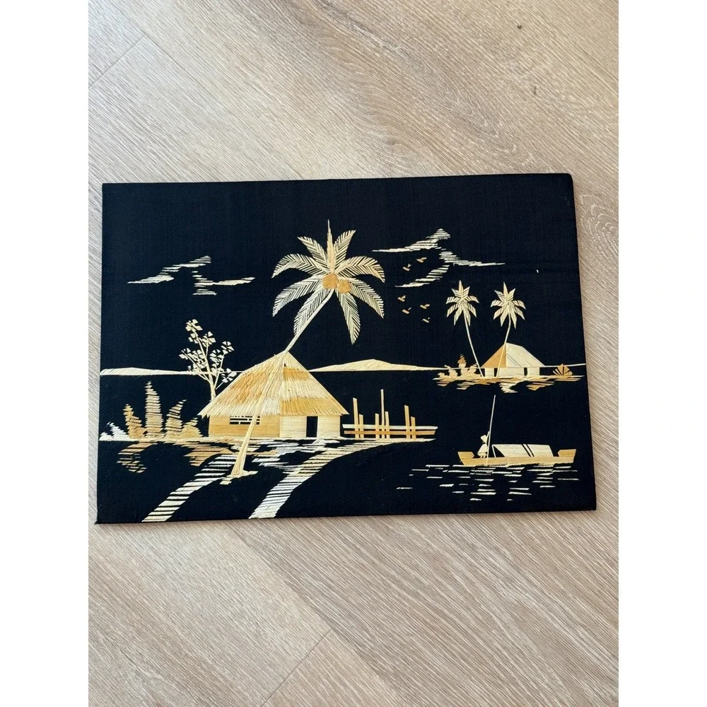 Vintage 60s Set of 2 Bamboo Straw Rice Art Tropical Hut Sailboat Wall Decor
